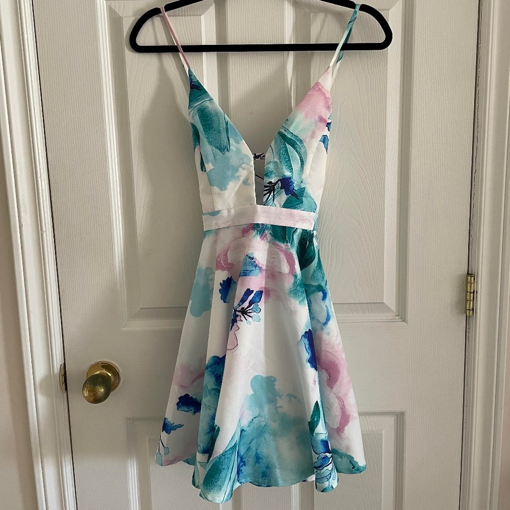 White and Green Fit and Flare Low Back Floral Mini Dress